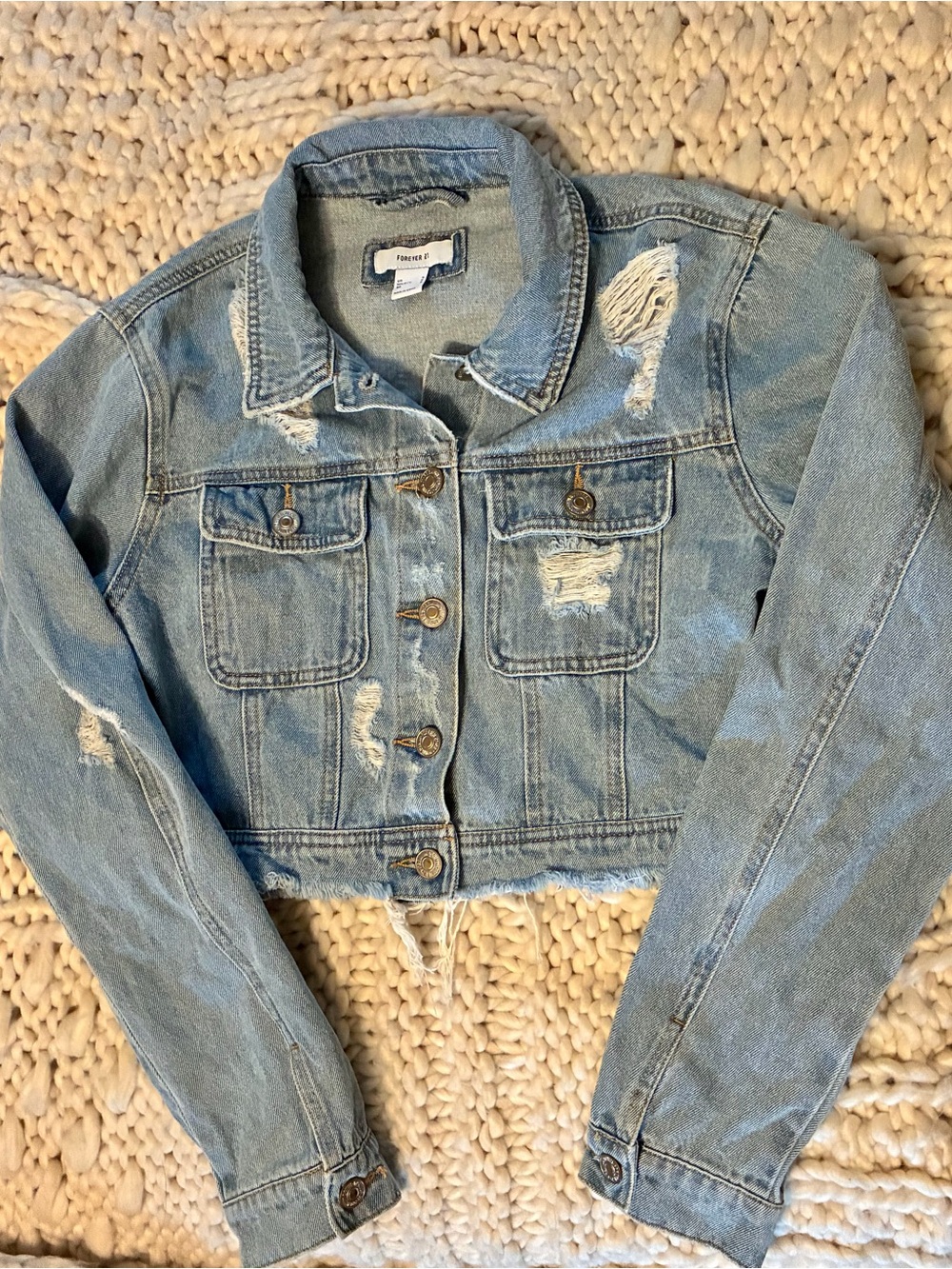 FOREVER 21 Distressed Light Blue Denim Crop Jacket